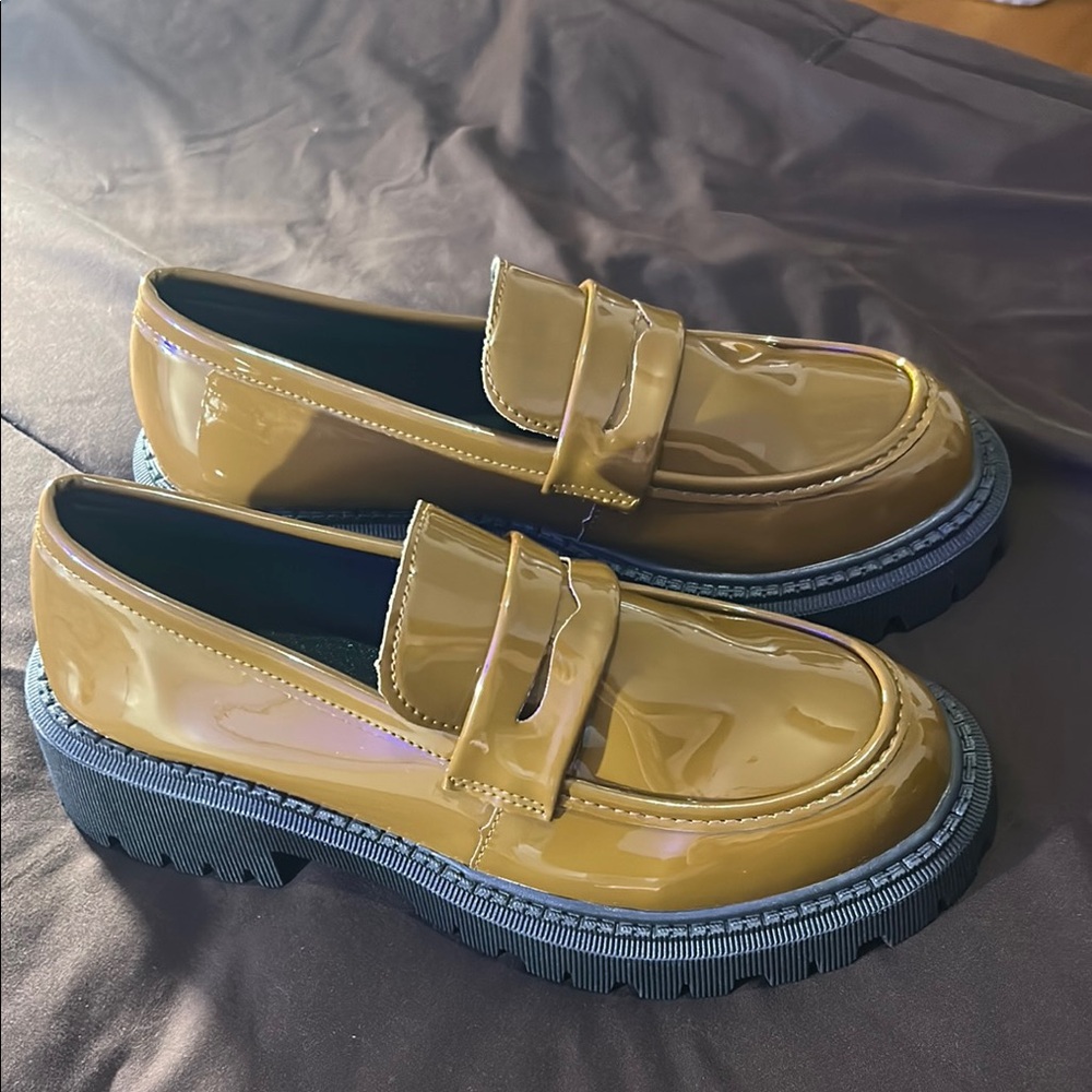 Glossy Tan Loafers with Chunky Soles